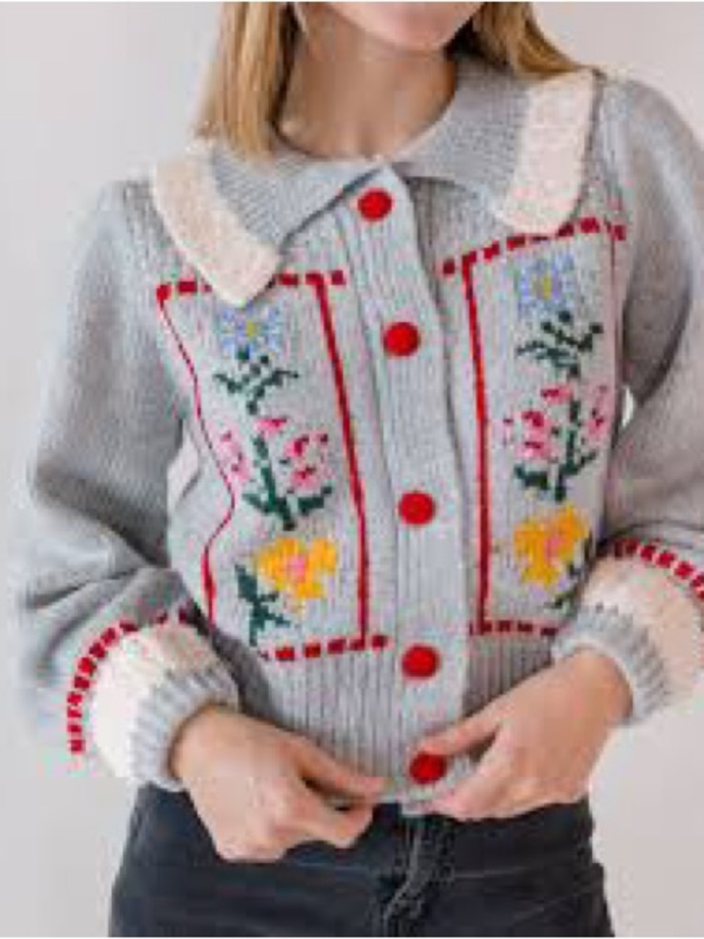 Zara Grey Floral Knit Cardigan with Red Buttons and Cream Collar